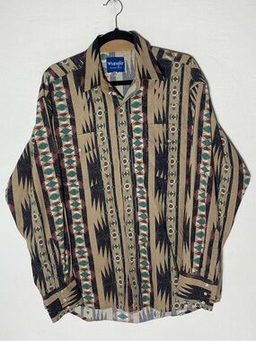 Vintage 90s Wrangler Western Aztec Southwestern Geometric Pearl Snap Shirt L